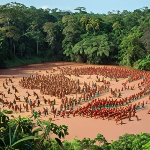 **Tambopata National Reserve:** "A vibrant Amazon rainforest scene. Macaws flock to a clay lick, surrounded by lush green trees and the Tambopata River. Clear blue sky."
