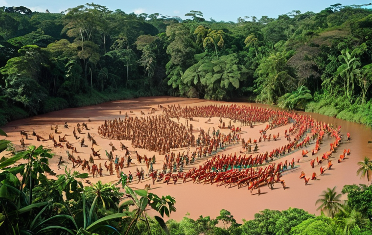 **Tambopata National Reserve:** "A vibrant Amazon rainforest scene. Macaws flock to a clay lick, surrounded by lush green trees and the Tambopata River. Clear blue sky."