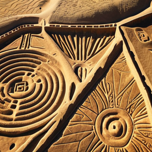 Home 18 **
Prompt: "Nazca Lines geoglyph, aerial view. Ancient Peruvian desert landscape with intricate line art. Focus on the hummingbird or monkey figure. Golden hour lighting. Evokes mystery and the artistic skill of the Nazca people. Think 'warisan' (heritage) and 'seni purba' (ancient art). Include subtle batik patterns in the background to subtly connect it to Malay artistic traditions."
**