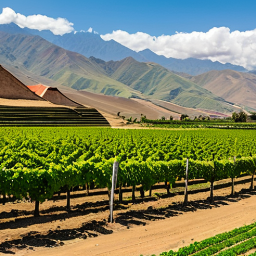 Home 17 An expansive panoramic view of the vibrant green vineyards in the Ica Valley, Peru, stretching towards the majestic Andes mountains under a clear tropical sun. Rows of neatly cultivated grapevines illustrate the unique terroir, with hints of sandy and clay soil. A traditional Peruvian bodega building with a terracotta roof is visible in the middle distance, integrated harmoniously with the landscape. The scene is bathed in soft, natural light, conveying a sense of serene tranquility and agricultural abundance. Professional photography, high detail, vibrant colors, clear focus, perfect anatomy, correct proportions, natural pose, well-formed hands, proper finger count, natural body proportions, safe for work, appropriate content, fully clothed, family-friendly.