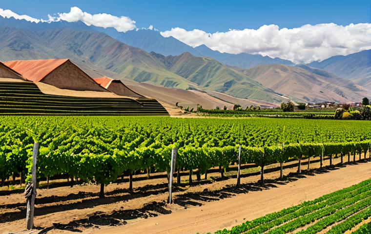An expansive panoramic view of the vibrant green vineyards in the Ica Valley, Peru, stretching towards the majestic Andes mountains under a clear tropical sun. Rows of neatly cultivated grapevines illustrate the unique terroir, with hints of sandy and clay soil. A traditional Peruvian bodega building with a terracotta roof is visible in the middle distance, integrated harmoniously with the landscape. The scene is bathed in soft, natural light, conveying a sense of serene tranquility and agricultural abundance. Professional photography, high detail, vibrant colors, clear focus, perfect anatomy, correct proportions, natural pose, well-formed hands, proper finger count, natural body proportions, safe for work, appropriate content, fully clothed, family-friendly.