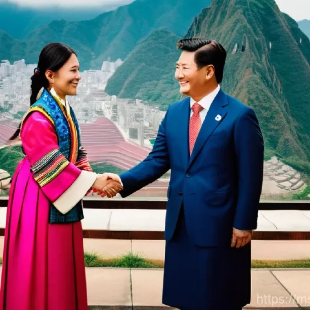 페루와 한국 교류 역사 - **Prompt:** "A vibrant, panoramic scene depicting the strong diplomatic and cultural friendship betw...