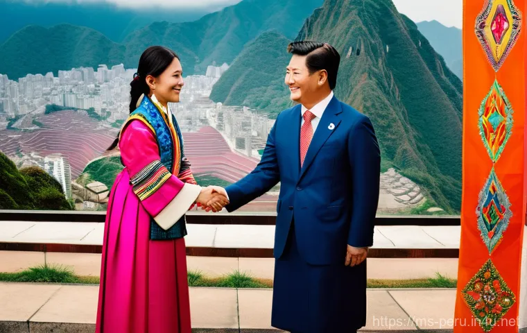 페루와 한국 교류 역사 - **Prompt:** "A vibrant, panoramic scene depicting the strong diplomatic and cultural friendship betw...