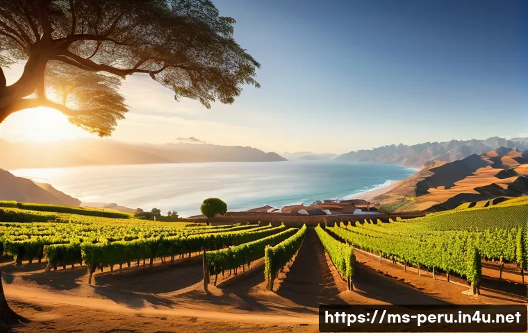 페루와 칠레 와인 비교 - **A picturesque Peruvian vineyard scene at golden hour.** Lush, unique Quebranta grapevines stretch ...